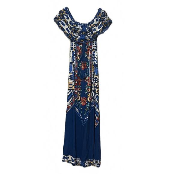 Flying Tomato Dresses & Skirts - Anthroplogie Flying Tomato Blue Aztec Off the Shoulder Maxi Dress Size Small